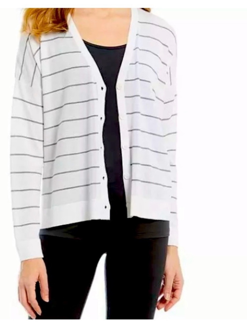 Eileen Fisher White Stripe Button-Front Women's Cardigan size L - Picture 2 of 8